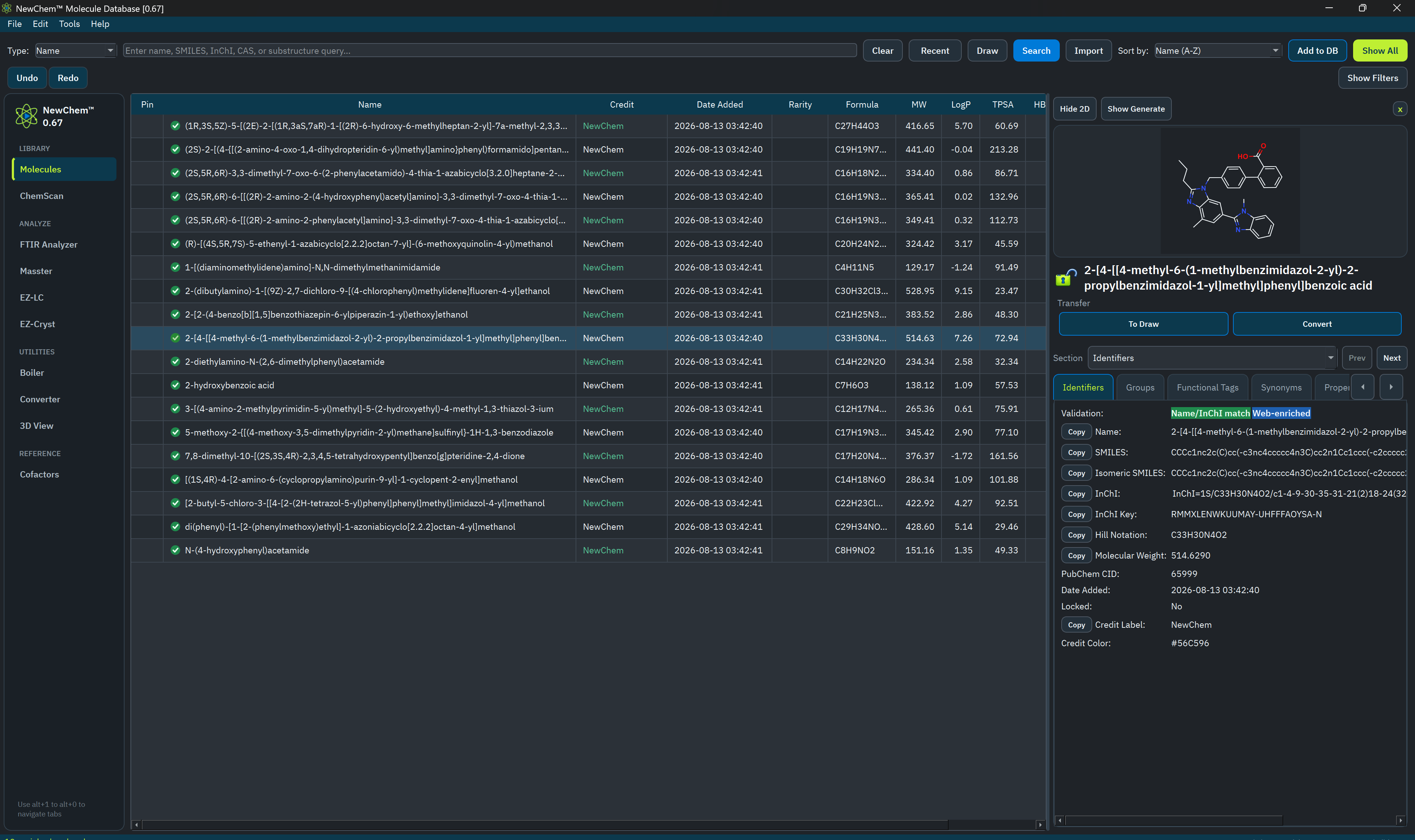 NewChem™ Database 0.67k showing verified public-reference molecules and a real RDKit 2D structure.