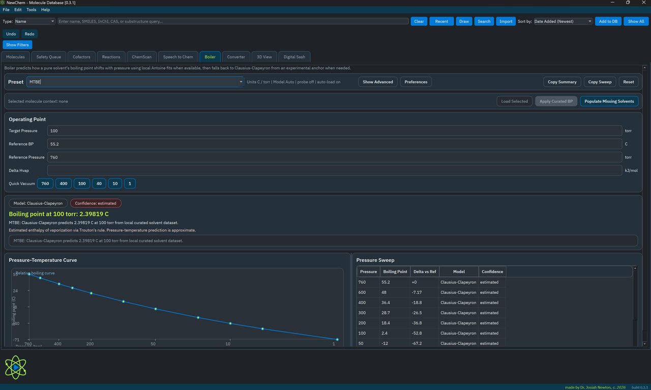 NewChem boiling-point tool showing pressure sweep and boiling-point estimate