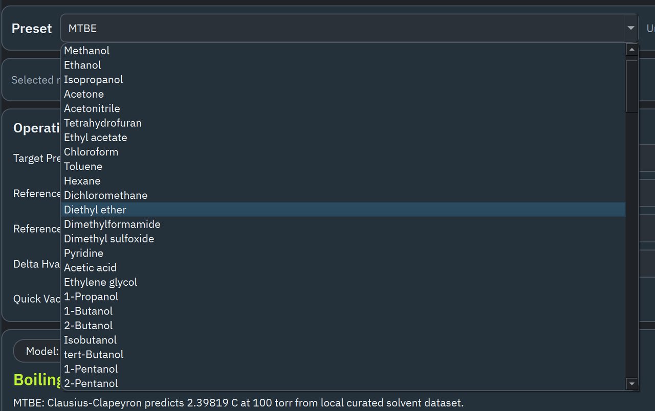 NewChem solvent preset dropdown inside the boiling-point tool