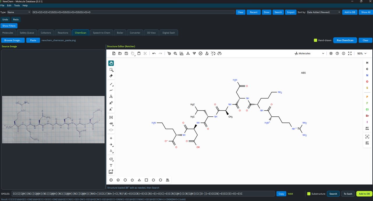 ChemScan processing a rough hand-drawn structure image on graph paper