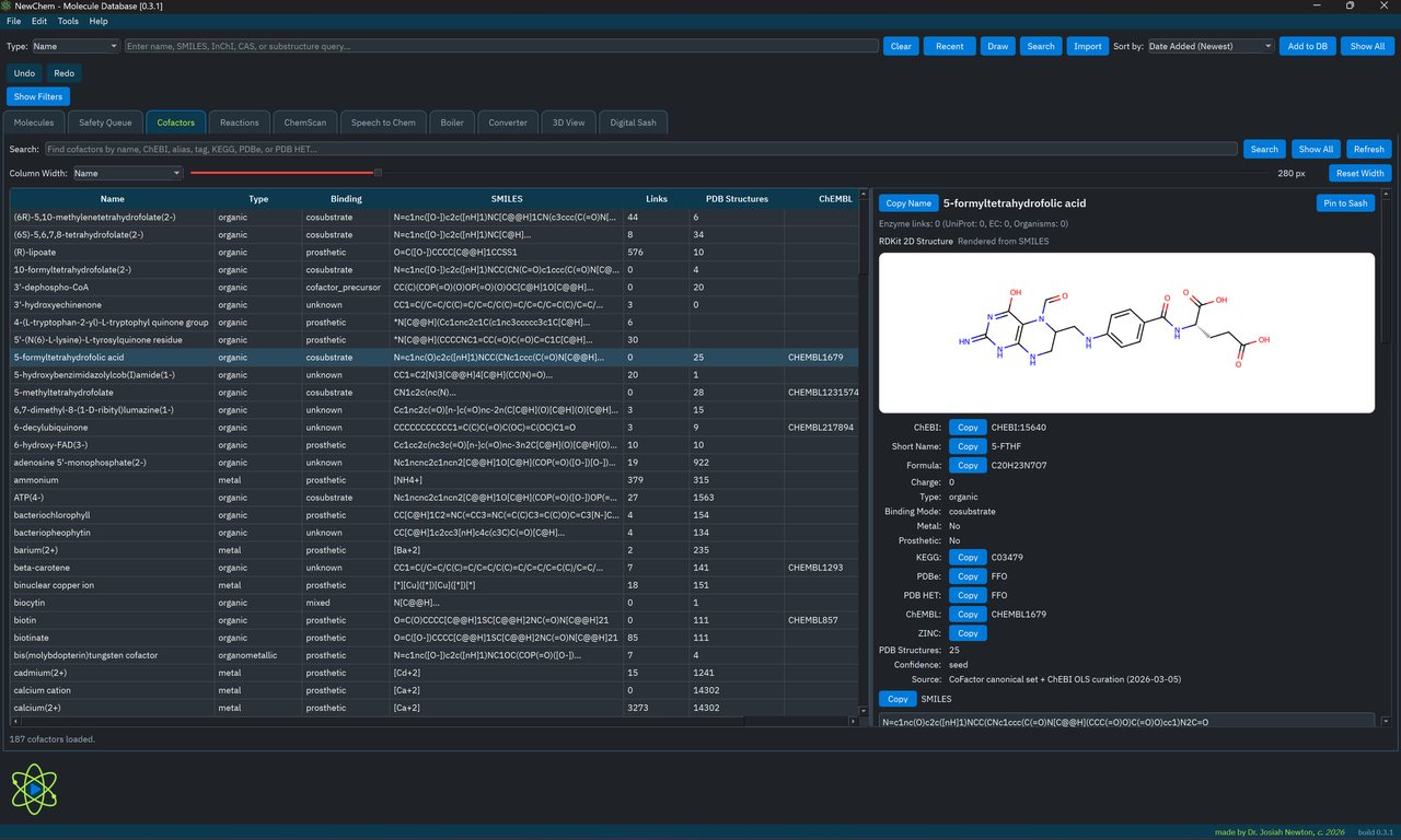 NewChem cofactor browser showing curated cofactor table and detail panel
