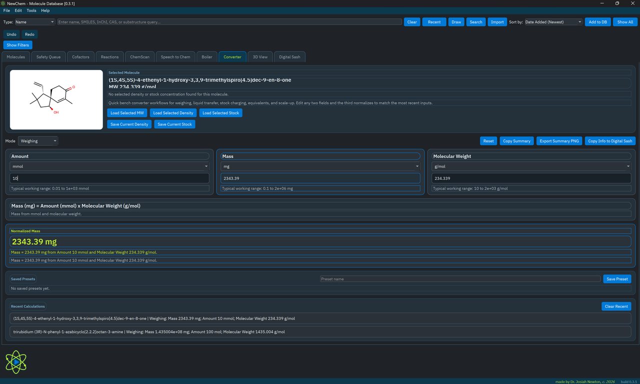 NewChem converter view for mass, mmol, molecular weight, and stock calculations