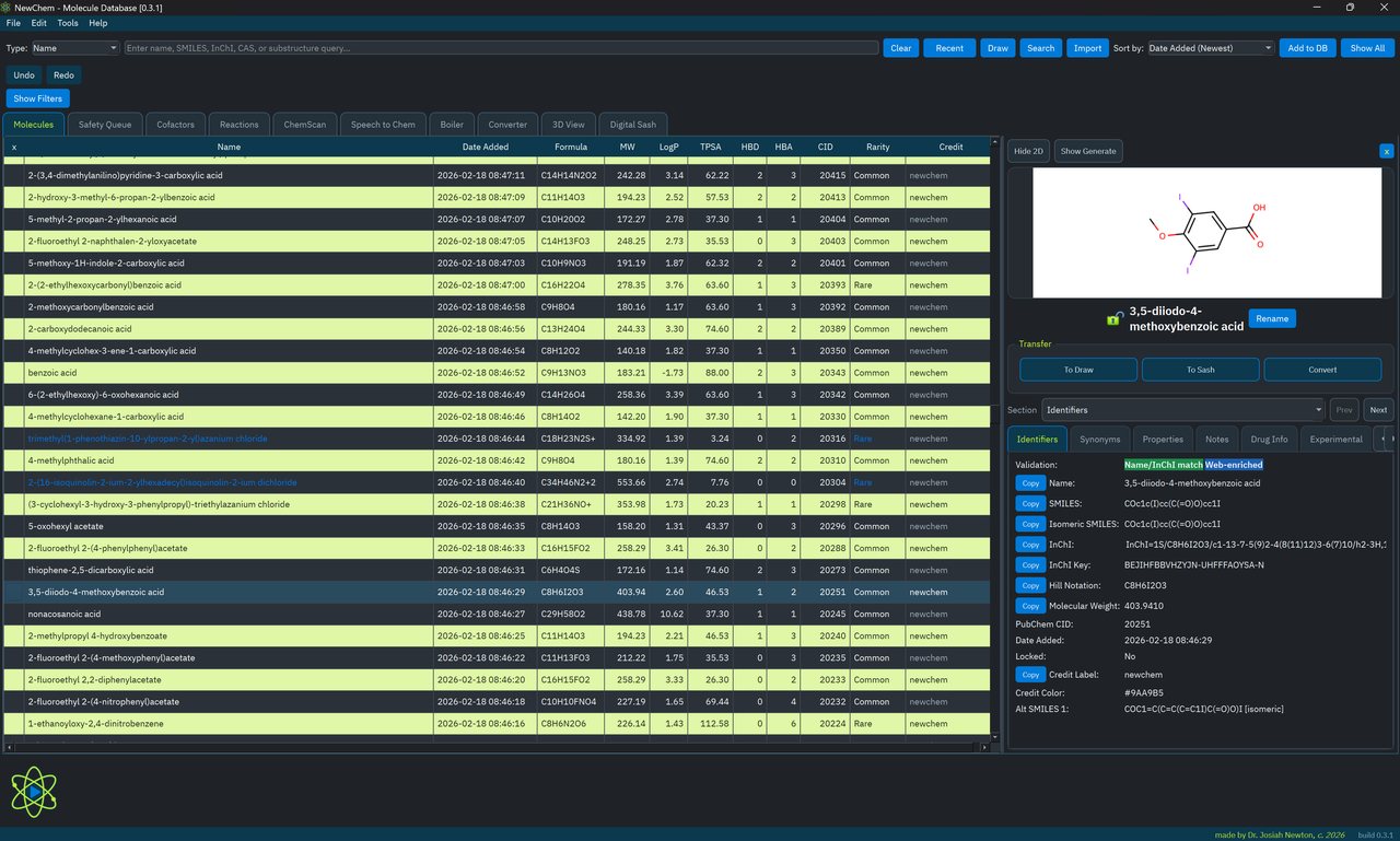 NewChem molecule detail pane with identifiers, validation, provenance, and transfer actions