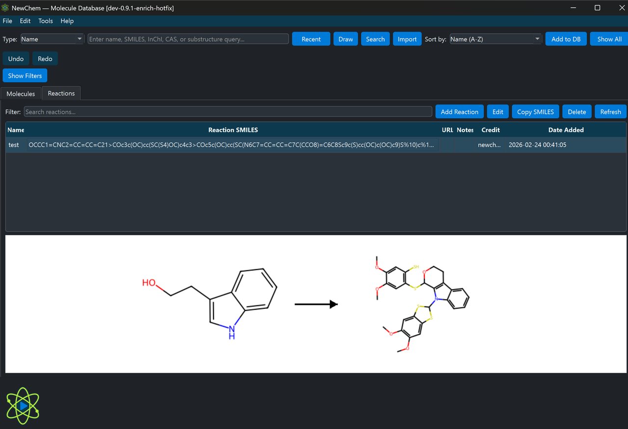 NewChem reaction lane with parsed reaction list, normalized reaction panel, and participant mapping