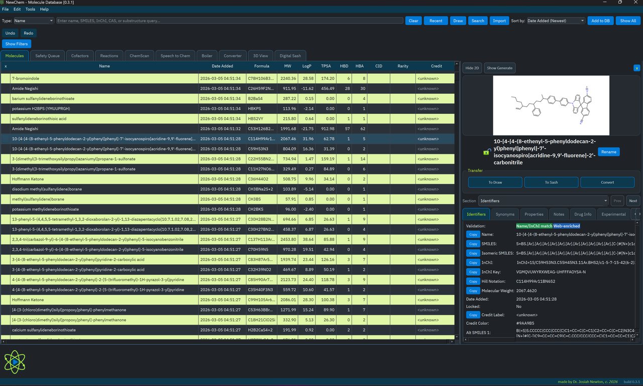 NewChem Database molecule table with structure search and right-side detail panel